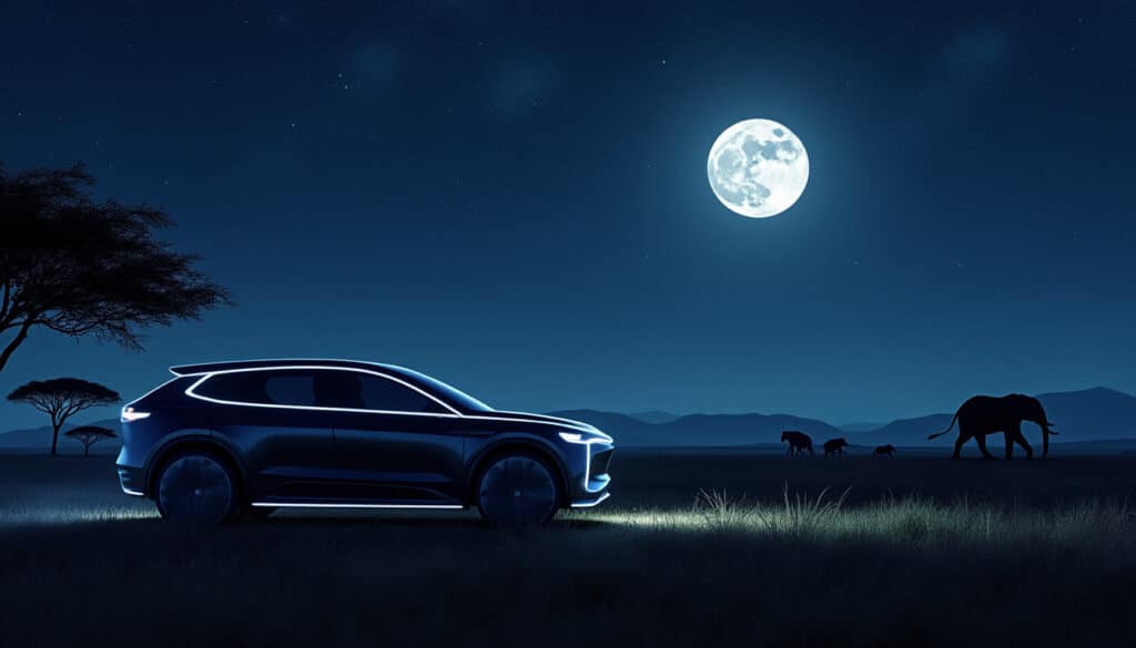 découvrez l'expérience unique d'un safari nocturne en 4x4 électrique, où la discrétion absolue du moteur préserve la tranquillité de la nature pour une aventure inoubliable.