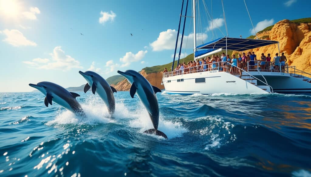 découvrez l'excitation d'observer des dauphins sauvages en catamaran le long des côtes spectaculaires de l'algarve au portugal, pour une aventure marine inoubliable.