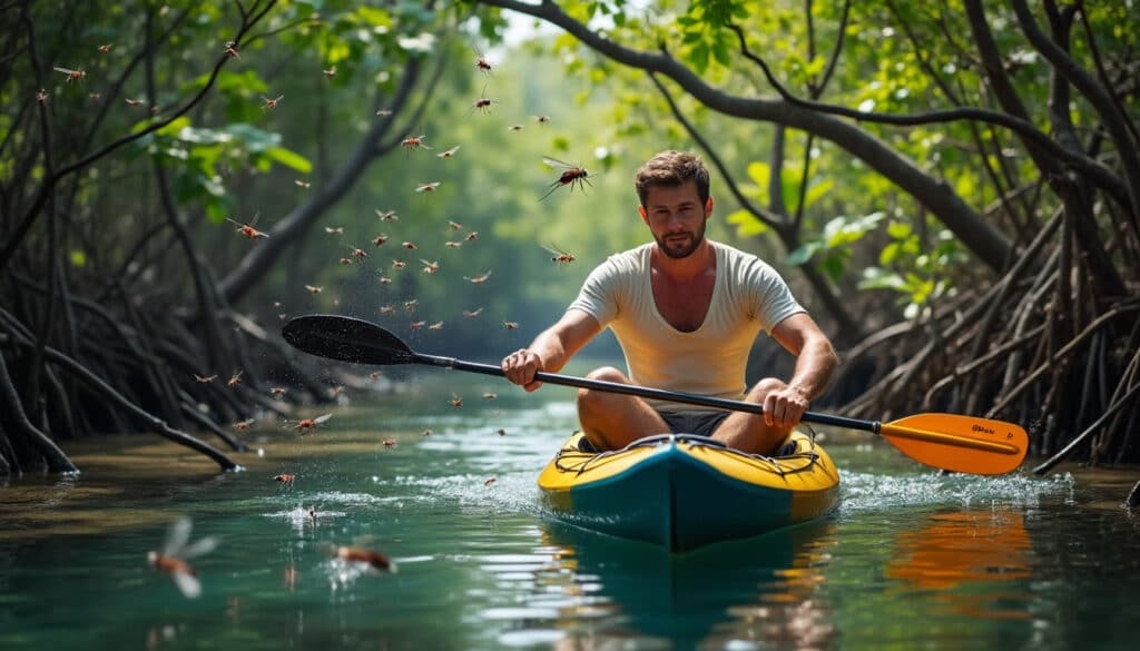 découvrez comment les morsures des moustiques tropicaux peuvent gâcher votre expérience de kayak dans la mangrove et apprenez des astuces pour mieux les prévenir.