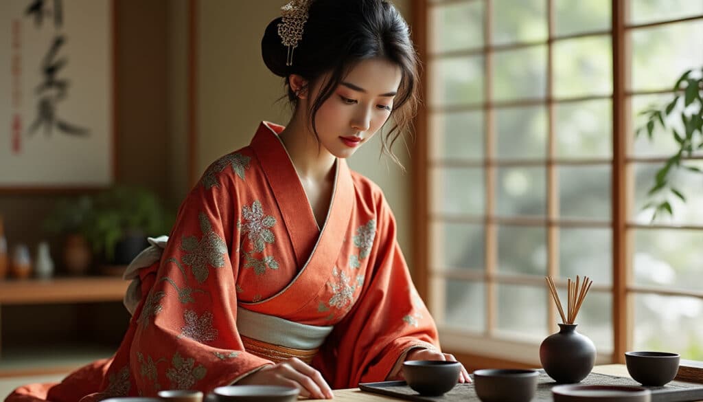 découvrez comment le port du kimono traditionnel en soie sublime l'élégance et la beauté de la cérémonie du thé, une tradition japonaise empreinte de grâce et de raffinement.