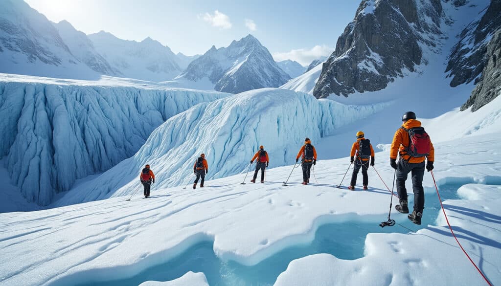 découvrez comment l'encordement des alpinistes garantit la sécurité lors des treks sur glacier en empêchant les chutes et en assurant une progression sécurisée.