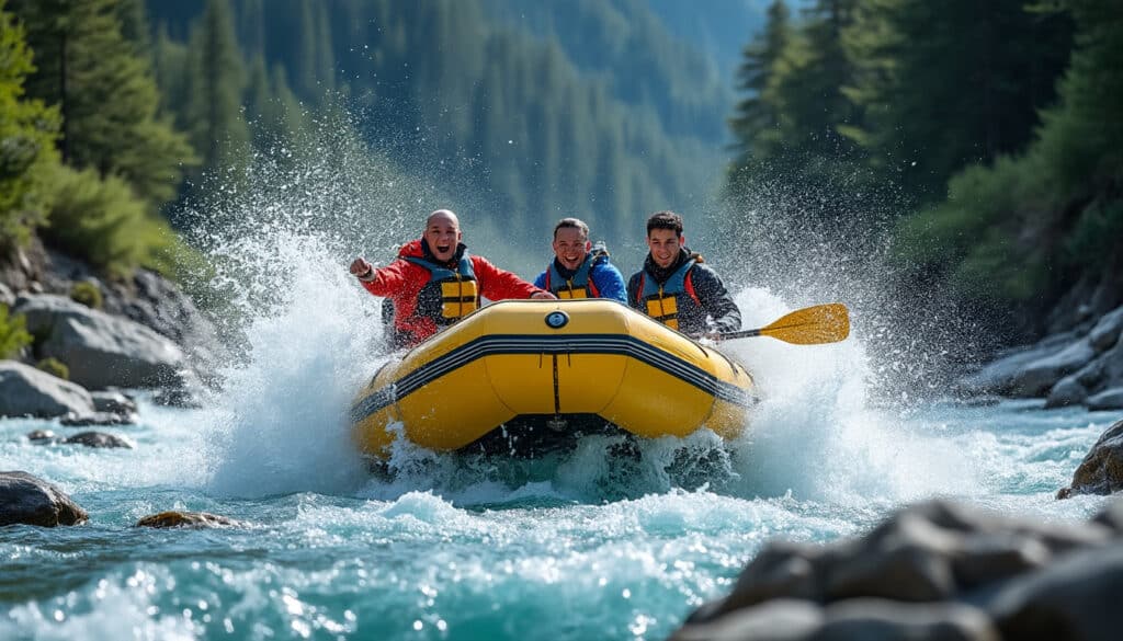 découvrez l'expérience intense du rafting en rivière avec une immersion brutale dans l'eau glacée qui vous rafraîchit et revigore à chaque instant.