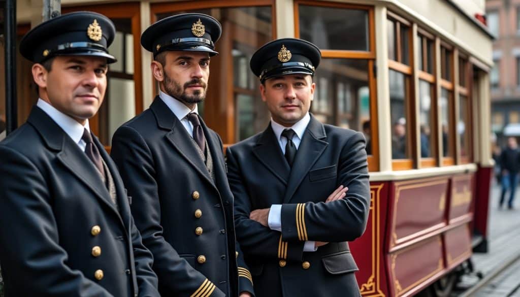 La photographie des conducteurs en uniformes d&rsquo;époque immortalise le tramway touristique