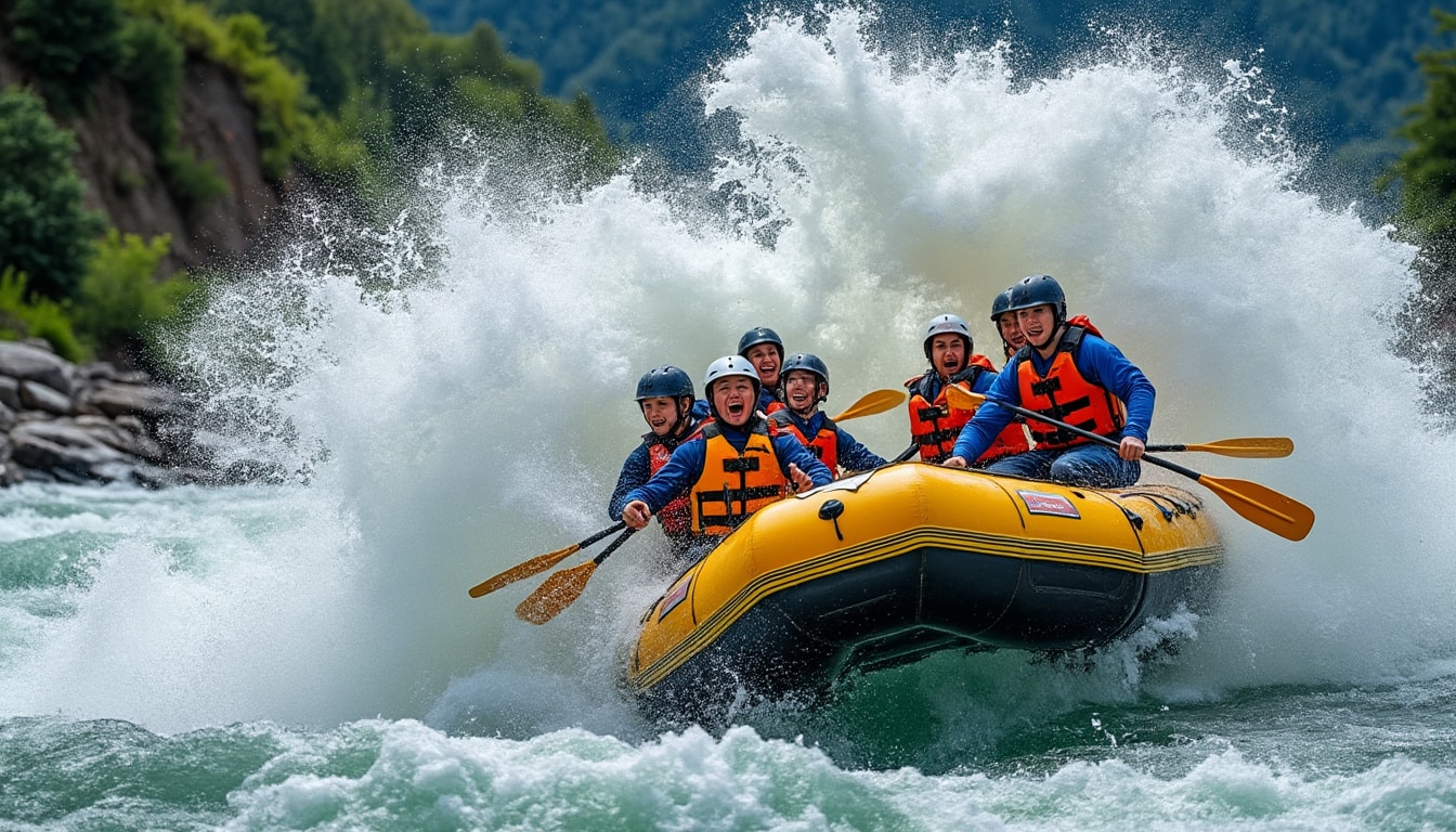 un dessalage spectaculaire plonge l’équipage dans la rivière et marque cette descente de rafting riche en sensations fortes.