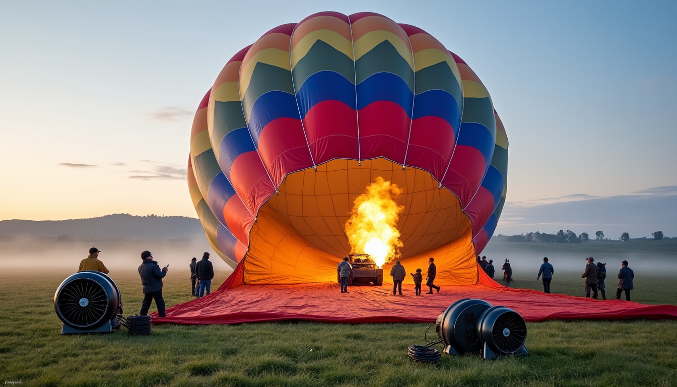 avant le décollage en montgolfière, les ventilateurs gonflent bruyamment l’enveloppe. découvrez cette étape impressionnante qui précède le vol.