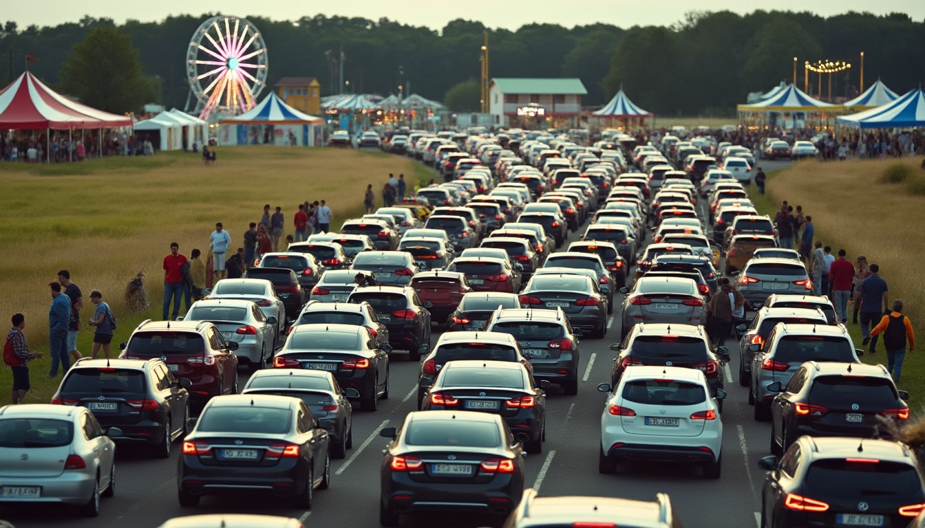 l’afflux de visiteurs encombre les parkings et paralyse le festival local, créant d’importantes difficultés de circulation et de stationnement.