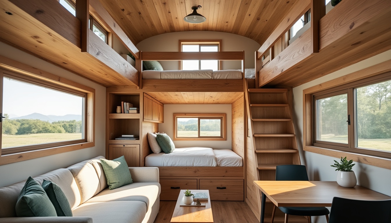 dans une tiny house, le lit en mezzanine accessible par échelle optimise l’espace et offre un couchage pratique sans encombrer le sol.